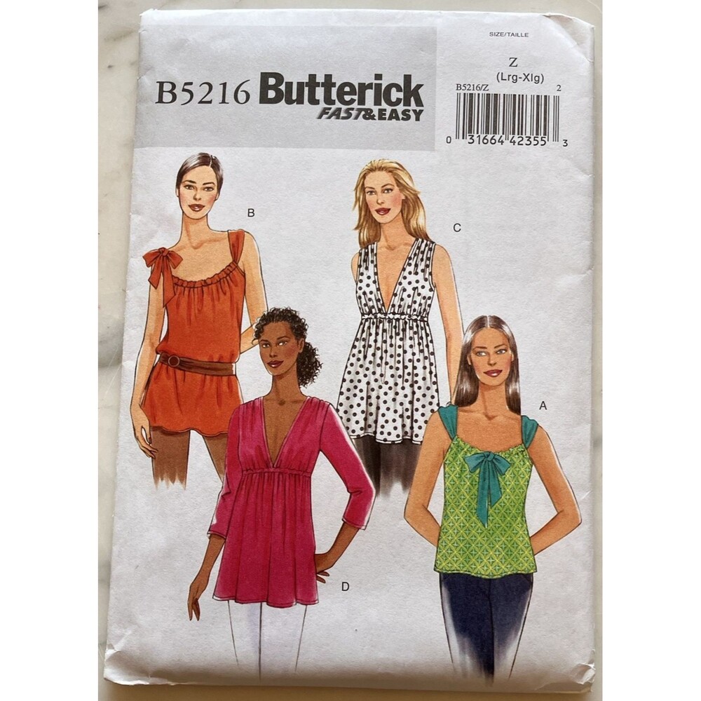 EASY Butterick Sew Pattern B5216 Misses Tunics Tank Tops Sz L-XL‎ UNCUT Boho Y2K
